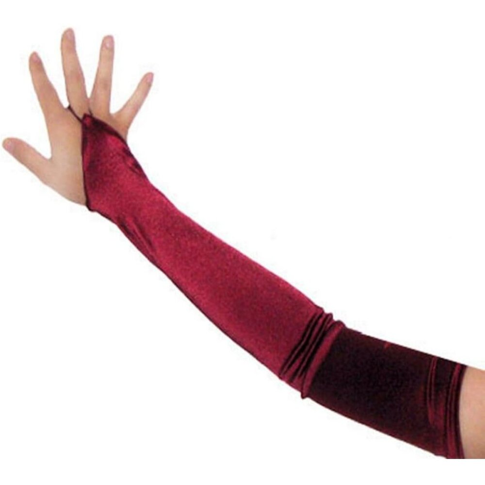 Women's Burgundy Finger Loop Fingerless Long Satin Gloves Wedding Party Prom